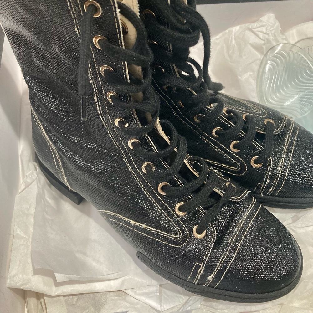 CHANEL Coated Canvas Lace Up Combat Boots 37 Black - Picture 3 of 15